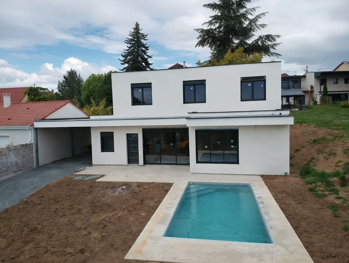 Maison individuelle contemporaine à étage avec piscine, construite en ossature métallique légère
