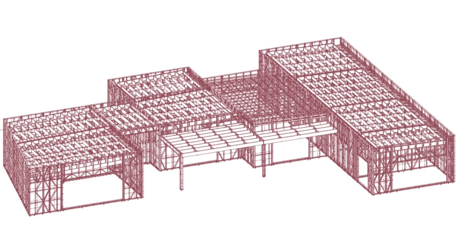 Plan de structure 3D d'une ossature métallique légère : murs, planchers, fermes et contreventements modélisés profil par profil